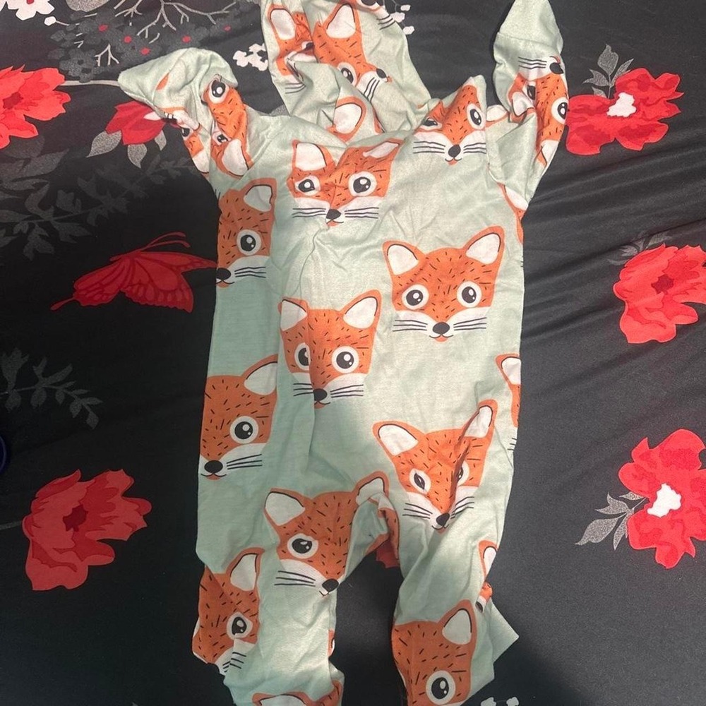 Kids Fox Print Hooded Footless Sleeper Mint Green Zip Up One Piece Romper - Picture 3 of 3